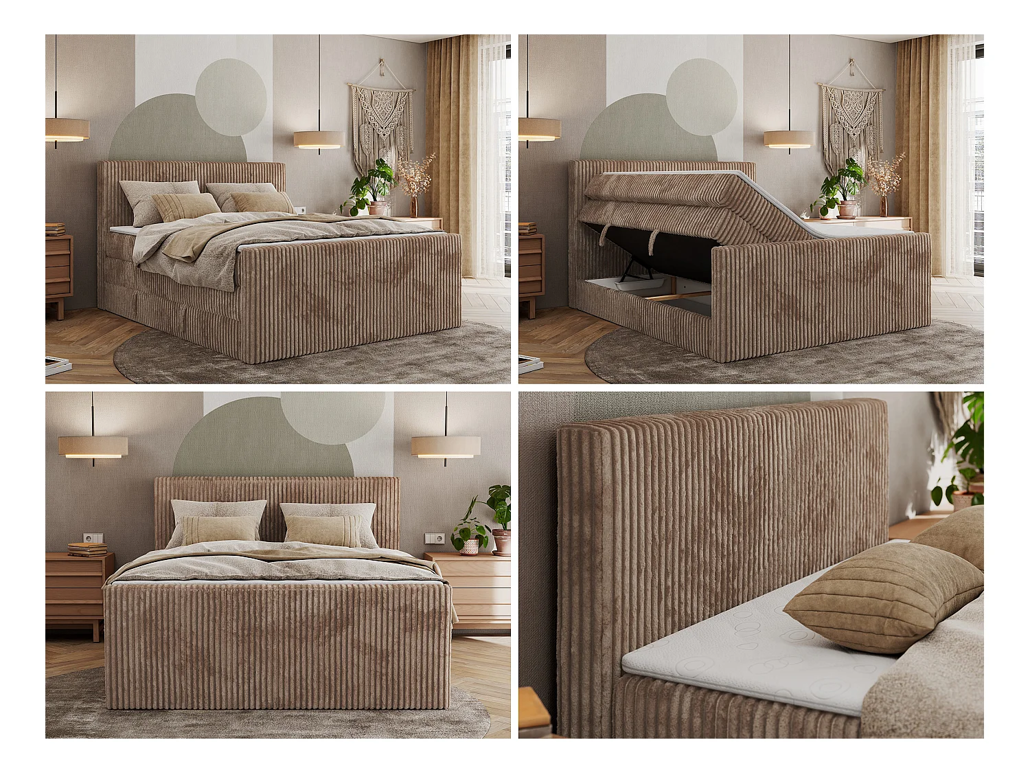 Boxspringbett TILIANO KING DUO, mit zwei Bettkästen, Cord Bett Multipocket-Matratze - 140x200 cm - H3 - Braun Cord