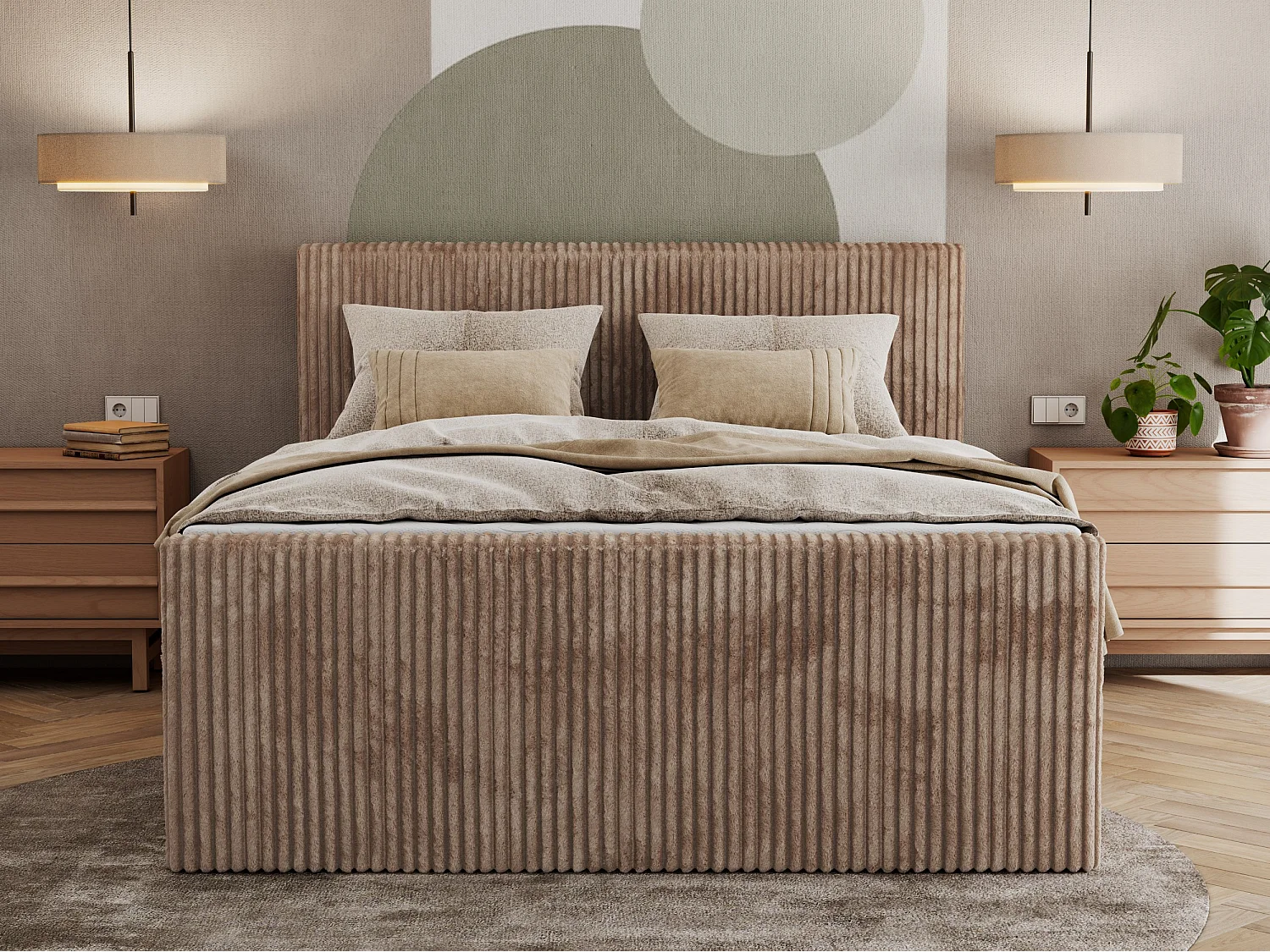 Boxspringbett TILIANO KING DUO, mit zwei Bettkästen, Cord Bett Multipocket-Matratze - 140x200 cm - H3 - Braun Cord