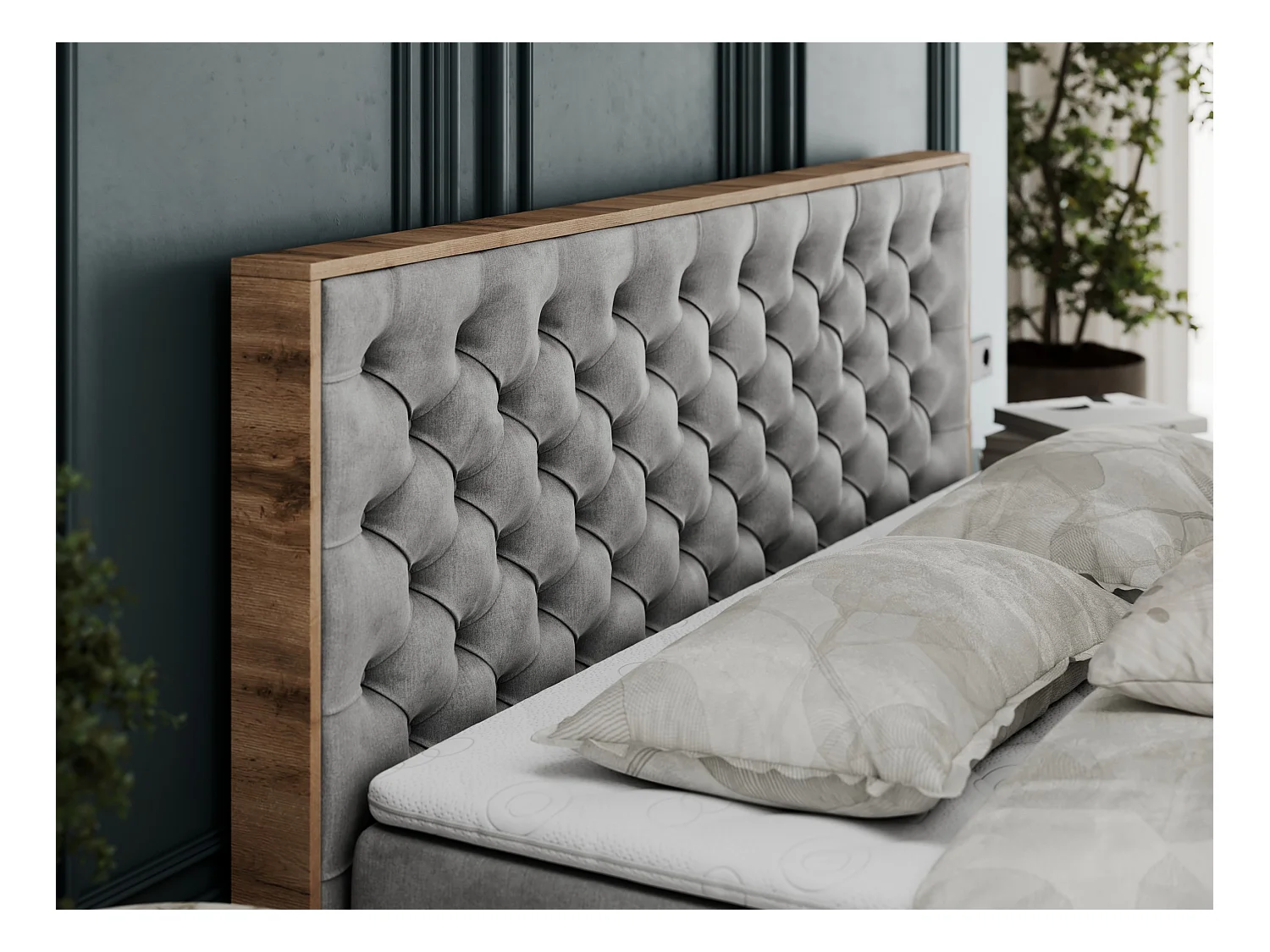 Boxspringbett ALBERO 3 - gesteppte Kopfstütze, Eiche Wotan Holzrahmen, Stauraum - 200x200 cm - H4 - Hellgrau Velvet