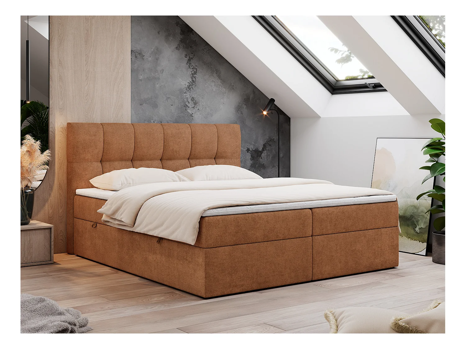 Boxspringbett RICO, Doppelbett mit Matratze, zwei Bettkästen, Bett mit Kopfteil - 140x200 cm - H4 - Orange Stukture