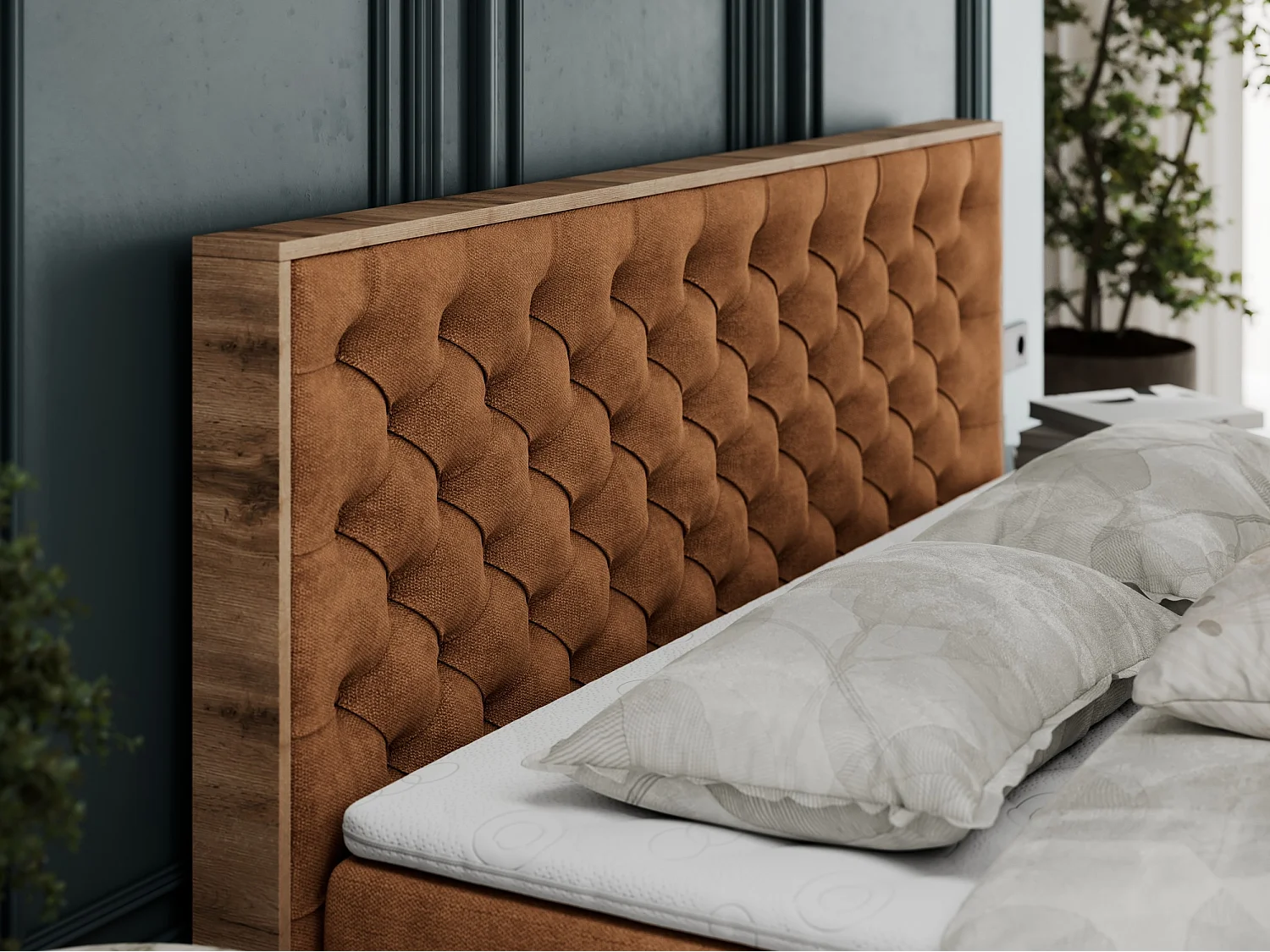 Boxspringbett ALBERO 3 - gesteppte Kopfstütze, Eiche Wotan Holzrahmen, Stauraum - 120x200 cm - H4 - Orange Strukture