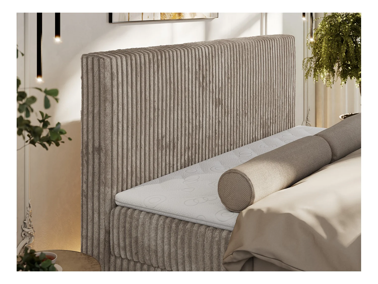 Boxspringbett TILIANO DUO mit gepolstertem Fußteil, Cord Bett, Multipocket-Matratze - 140x200 cm - H4 - Hellbraun Cord