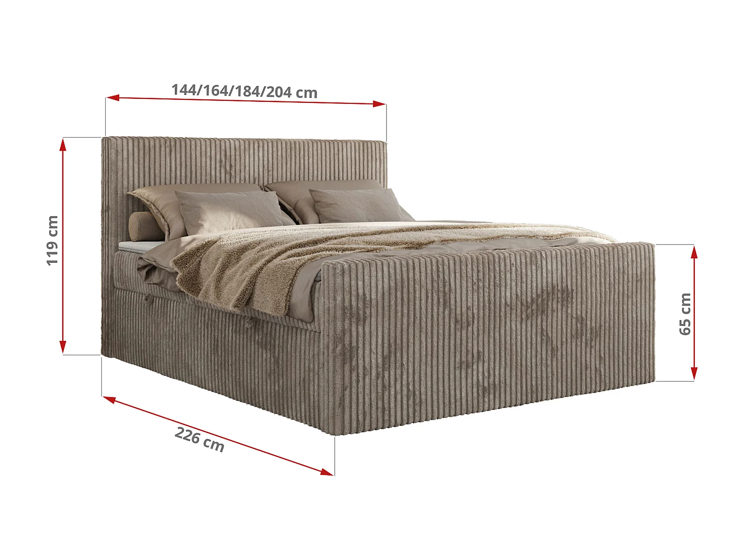 Boxspringbett TILIANO DUO mit gepolstertem Fußteil, Cord Bett, Multipocket-Matratze - 140x200 cm - H4 - Hellbraun Cord