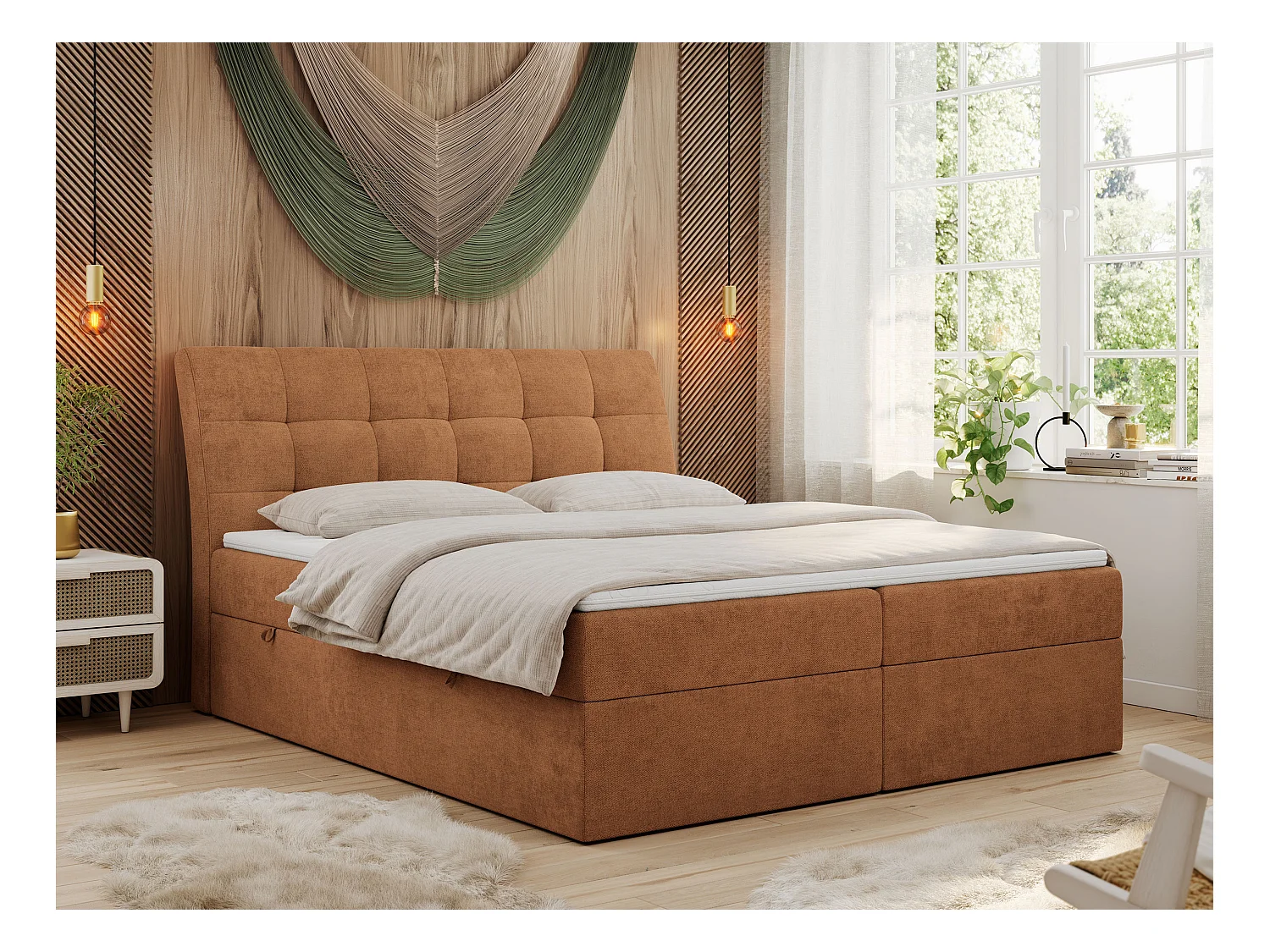 Boxspringbett DIEGOS mit Stauraum, gestepptem Kopfteil, Multipocket-Matratze - 120x200 cm - H3 - Orange Strukture