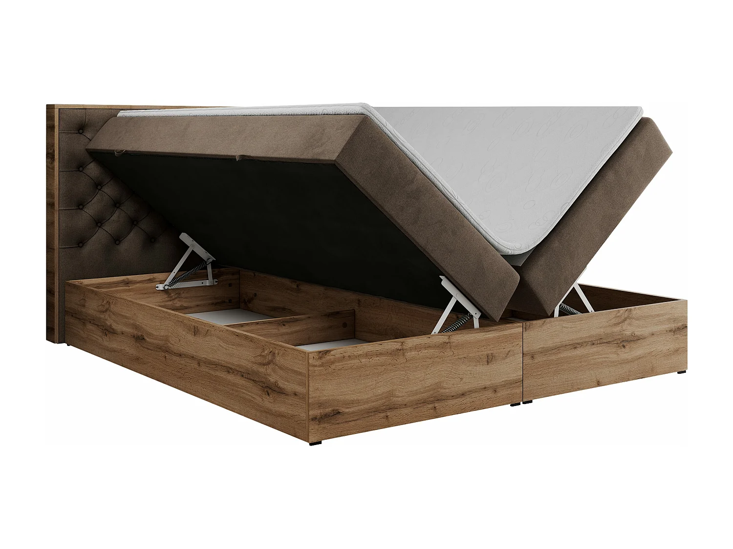 Boxspringbett ALBERO 3 - gesteppte Kopfstütze, Eiche Wotan Holzrahmen, Stauraum - 200x200 cm - H3 - Braun Velvet