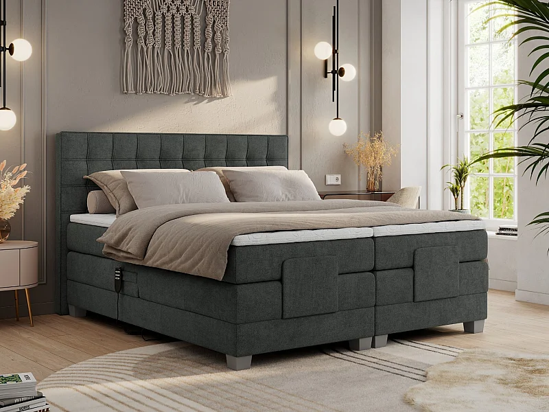Boxspringbett ELEKTRO mit Multipocket-Matratze, Elektrisch verstellbare, genähtes Kopfteil - 140x200 cm - H3 - Dunkelgrau Strukture
