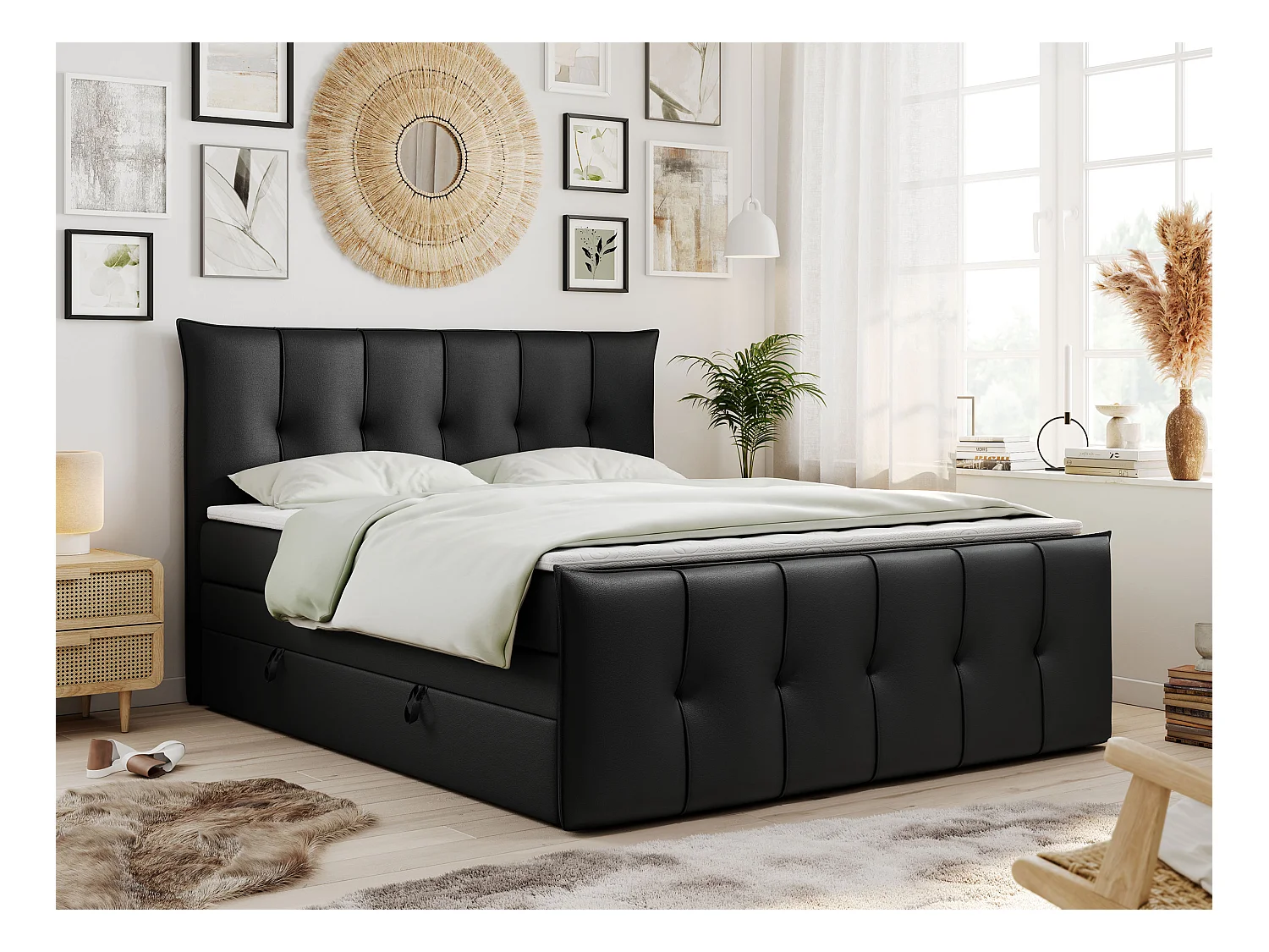 Boxspringbett PREMIUM 11 KING mit Stauraum, gestepptes Kopfteil, zwei Multipocket-Matratzen - 180x200 cm - H4 - Schwarz Kunstleder