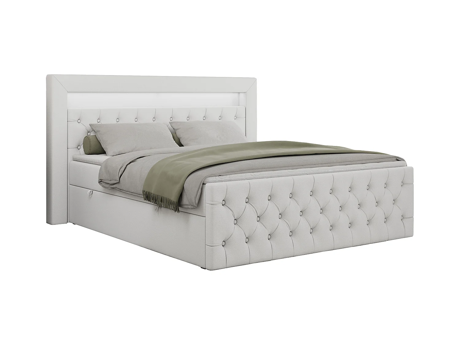Boxspringbett GOLD 9 mit Stauraum, Multipocket-Matratze, gestepptes Bett, LED Beleuchtung - 120x200 cm - H4 - Weiß Kunstleder