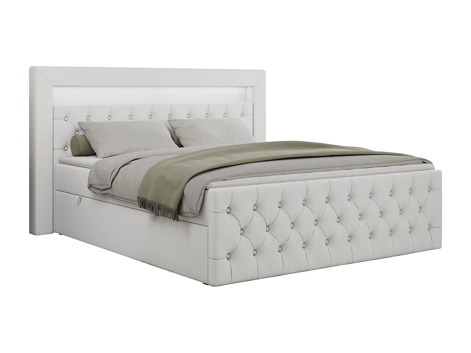 Boxspringbett GOLD 9 mit Stauraum, Multipocket-Matratze, gestepptes Bett, LED Beleuchtung - 120x200 cm - H4 - Weiß Kunstleder