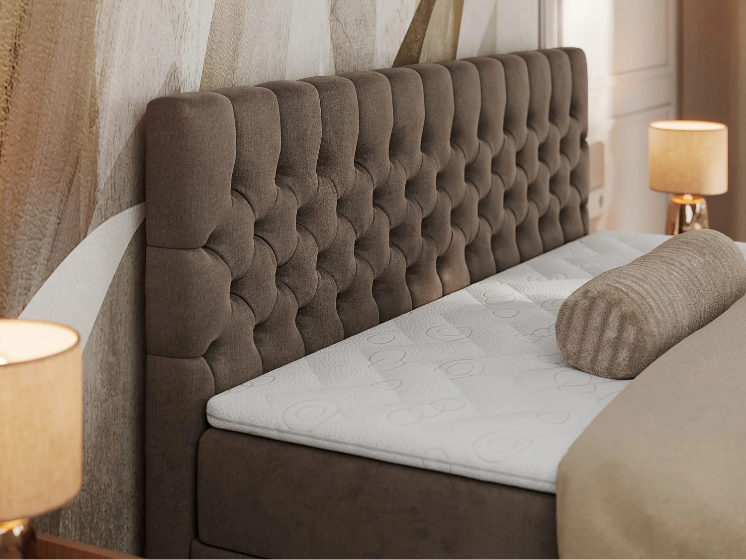 Boxspringbett GRIMALDI mit zwei Bettkästen, gesteppter Kopfstütze, Metallfüßen - 140x200 cm - H3 - Braun Velvet