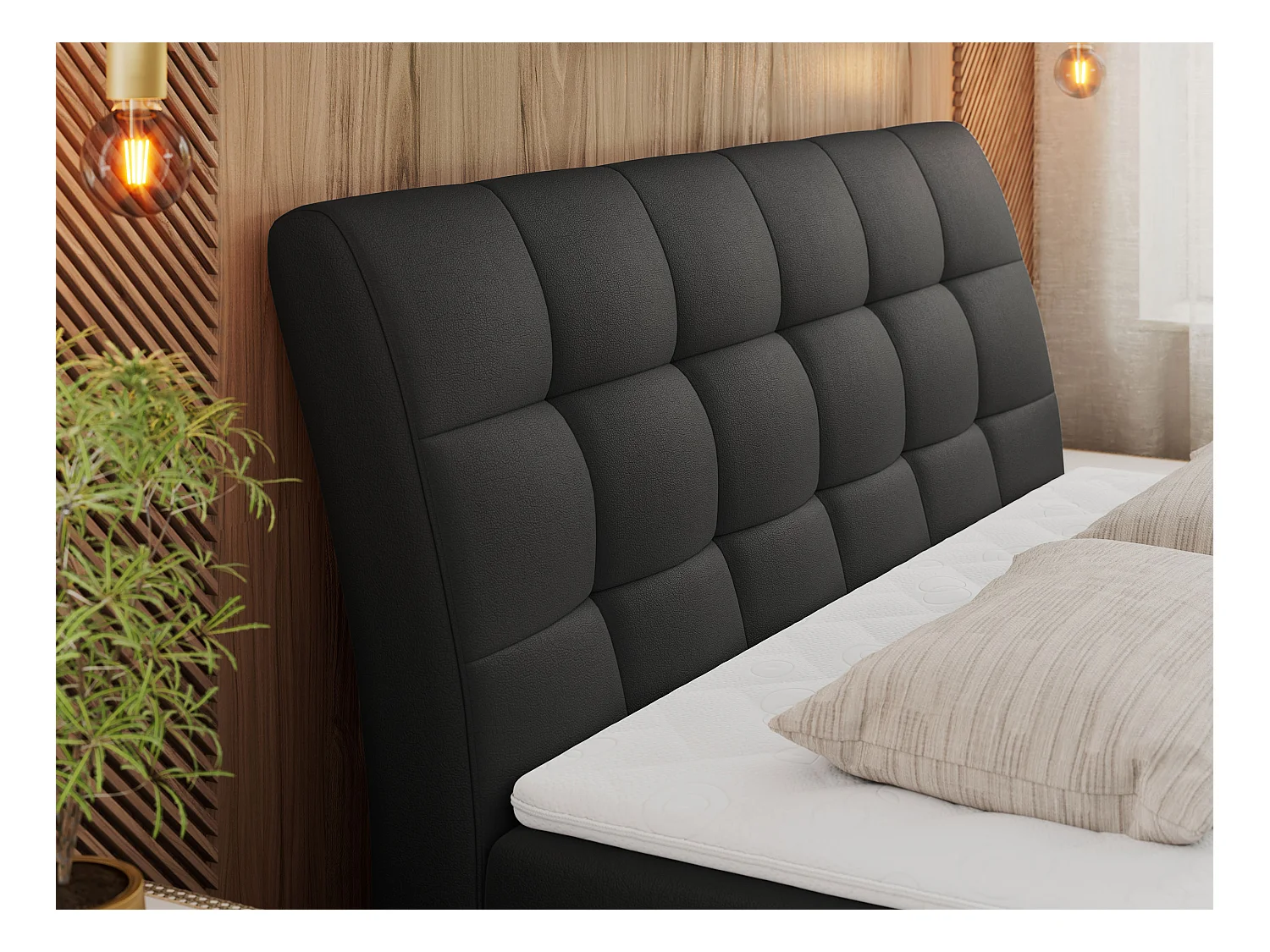 Boxspringbett DIEGOS mit Stauraum, gestepptem Kopfteil, Multipocket-Matratze - 180x200 cm - H4 - Schwarz Kunstleder