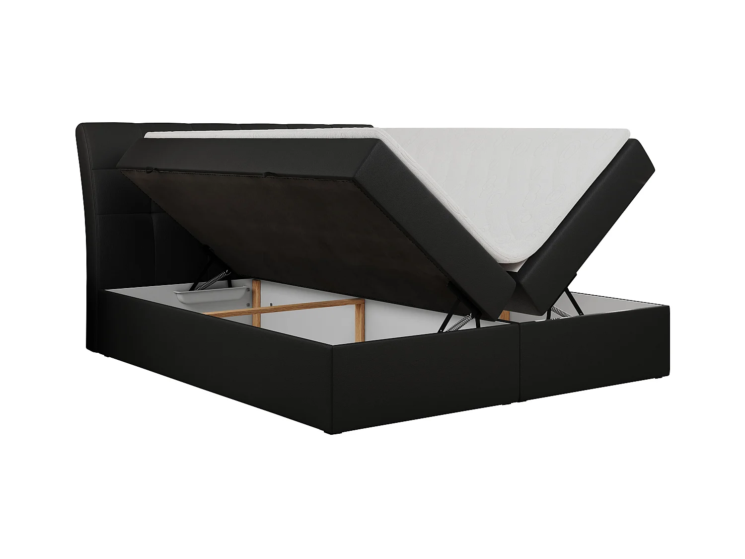 Boxspringbett DIEGOS mit Stauraum, gestepptem Kopfteil, Multipocket-Matratze - 180x200 cm - H4 - Schwarz Kunstleder