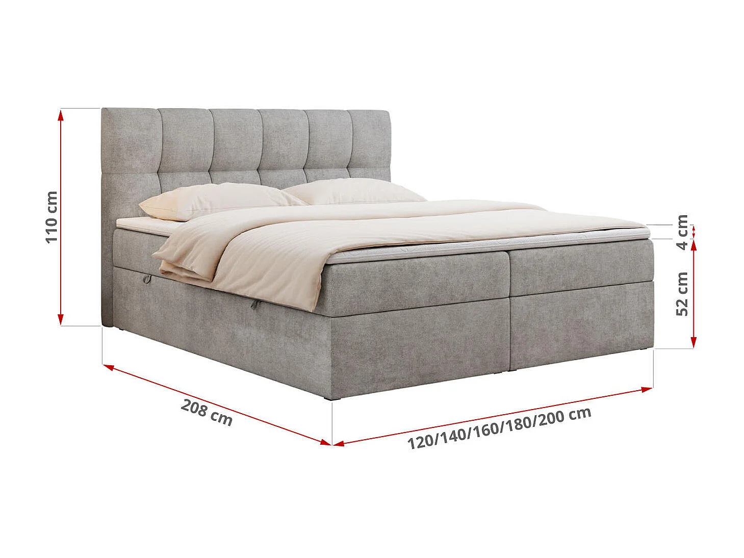 Boxspringbett RICO, Doppelbett mit Matratze, zwei Bettkästen, Bett mit Kopfteil - 180x200 cm - H3 - Hellgrau Stukture