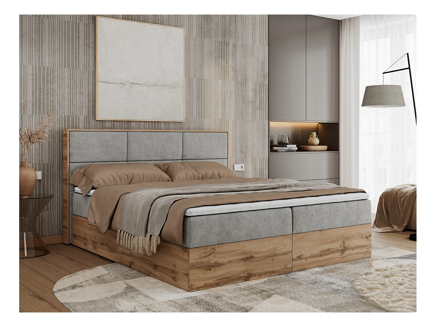 Boxspringbett ALBERO 2 mit Topper und Multipocket-Matratze, Stauraum, Holzrahmen - 140x200 cm - H4 - Hellgrau Strukture