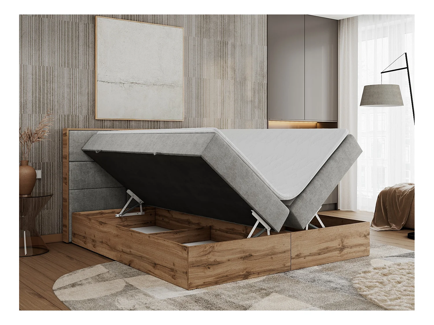 Boxspringbett ALBERO 2 mit Topper und Multipocket-Matratze, Stauraum, Holzrahmen - 140x200 cm - H4 - Hellgrau Strukture