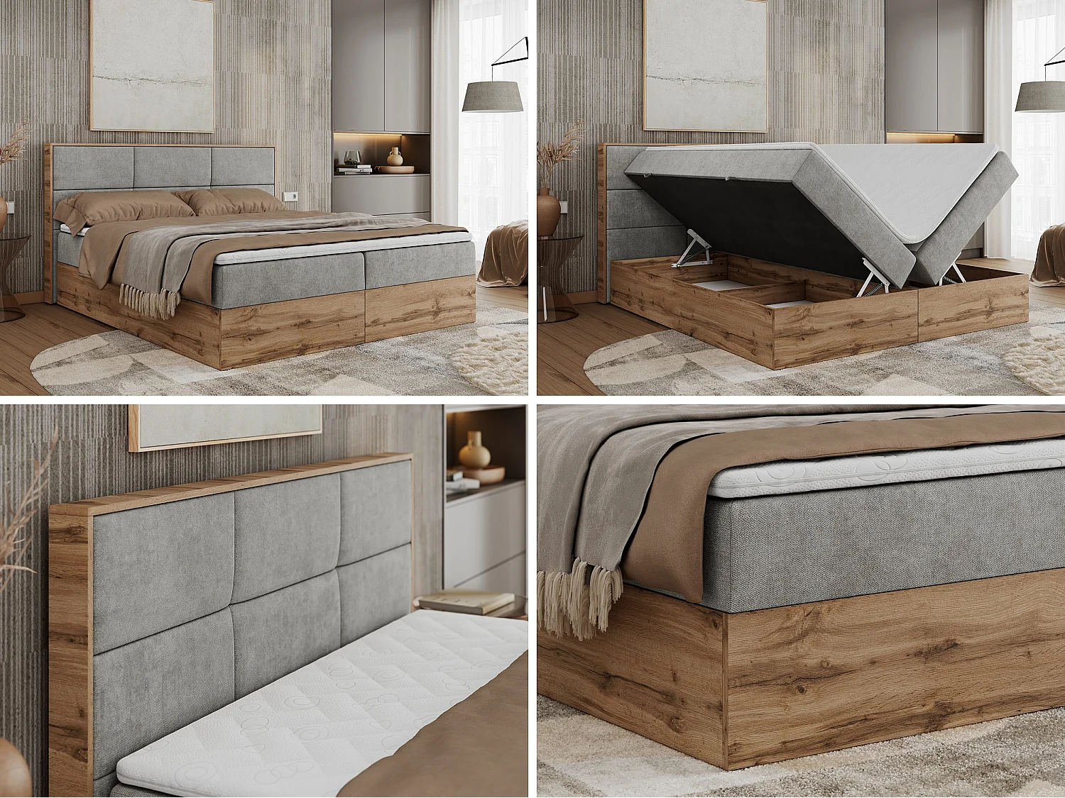Boxspringbett ALBERO 2 mit Topper und Multipocket-Matratze, Stauraum, Holzrahmen - 140x200 cm - H4 - Hellgrau Strukture