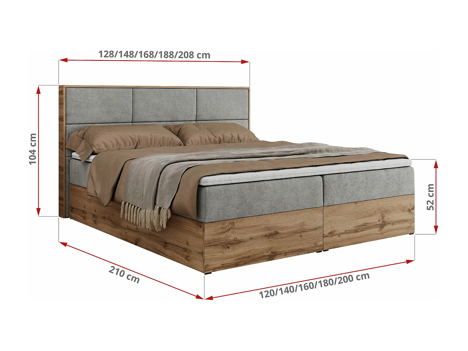 Boxspringbett ALBERO 2 mit Topper und Multipocket-Matratze, Stauraum, Holzrahmen - 140x200 cm - H4 - Hellgrau Strukture