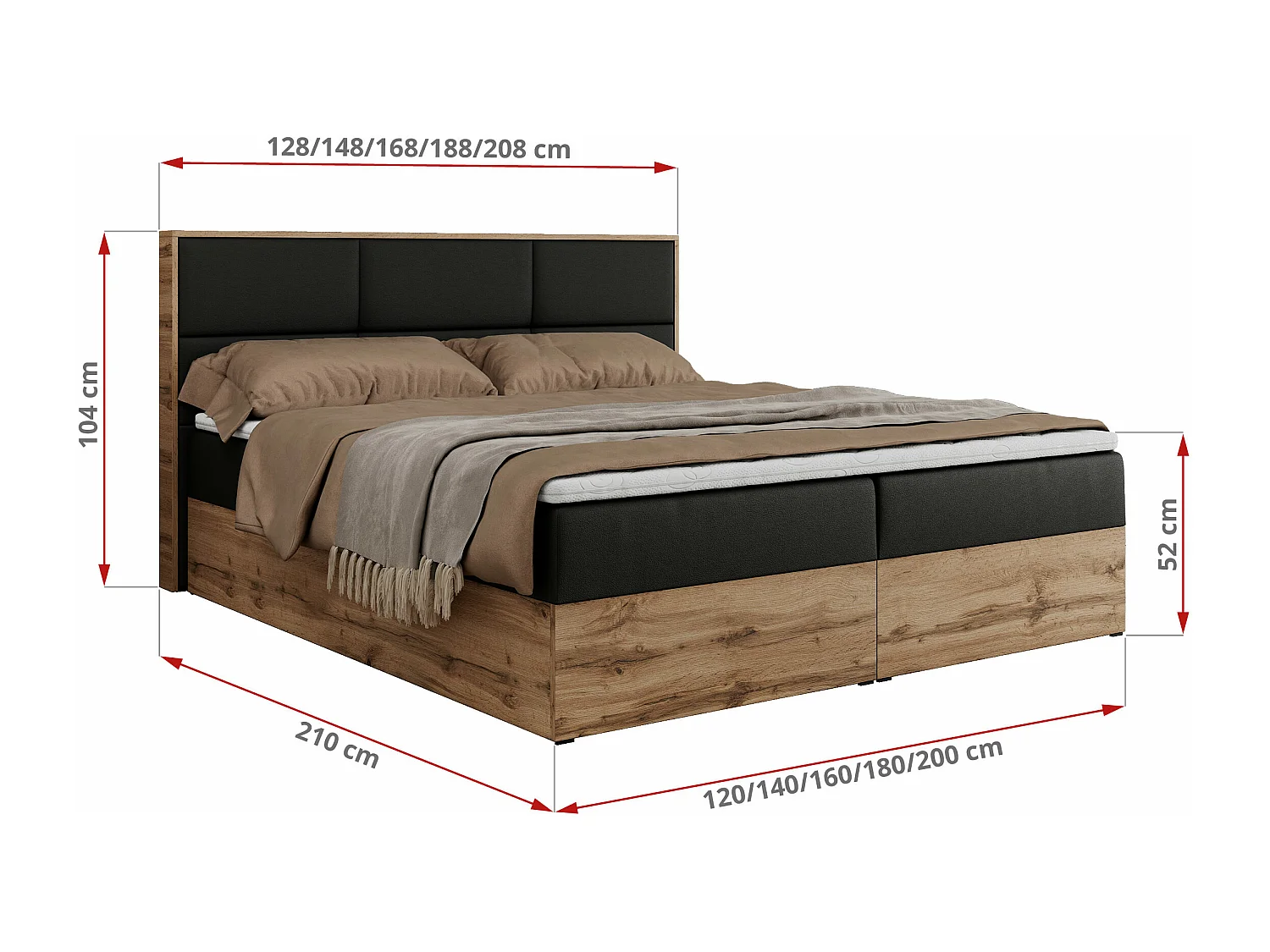 Boxspringbett ALBERO 2 mit Topper und Multipocket-Matratze, Stauraum, Holzrahmen - 200x200 cm - H4 - Schwarz Kunstleder