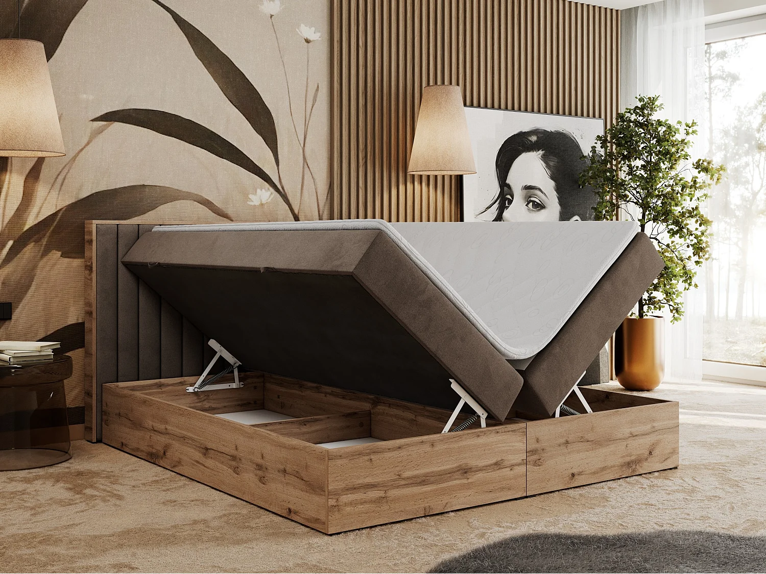 Boxspringbett ALBERO 4, Eiche Wotan Holzrahmen, mit Stauraum, genähtes Kopfteil - 200x200 cm - H4 - Braun Velvet