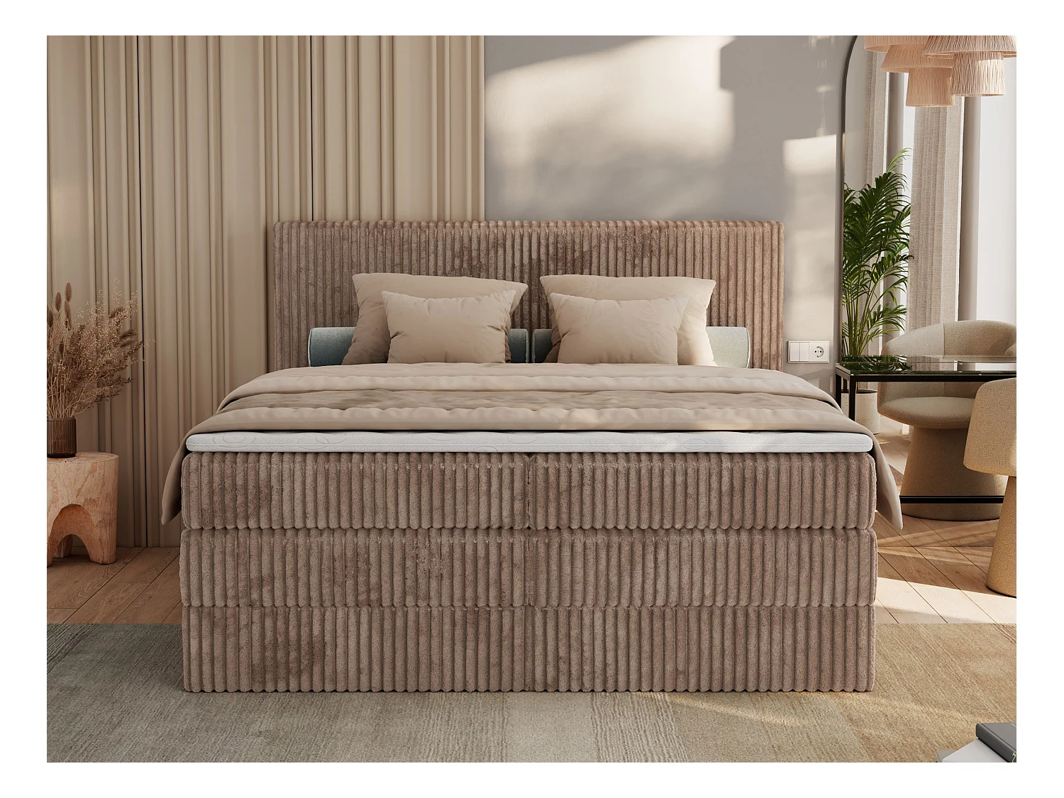 Boxspringbett TILIANO KING, Multipocket-Matratze, Cord Bett, Kopfteil und zwei Bettkästen - 160x200 cm - H4 - Braun Cord