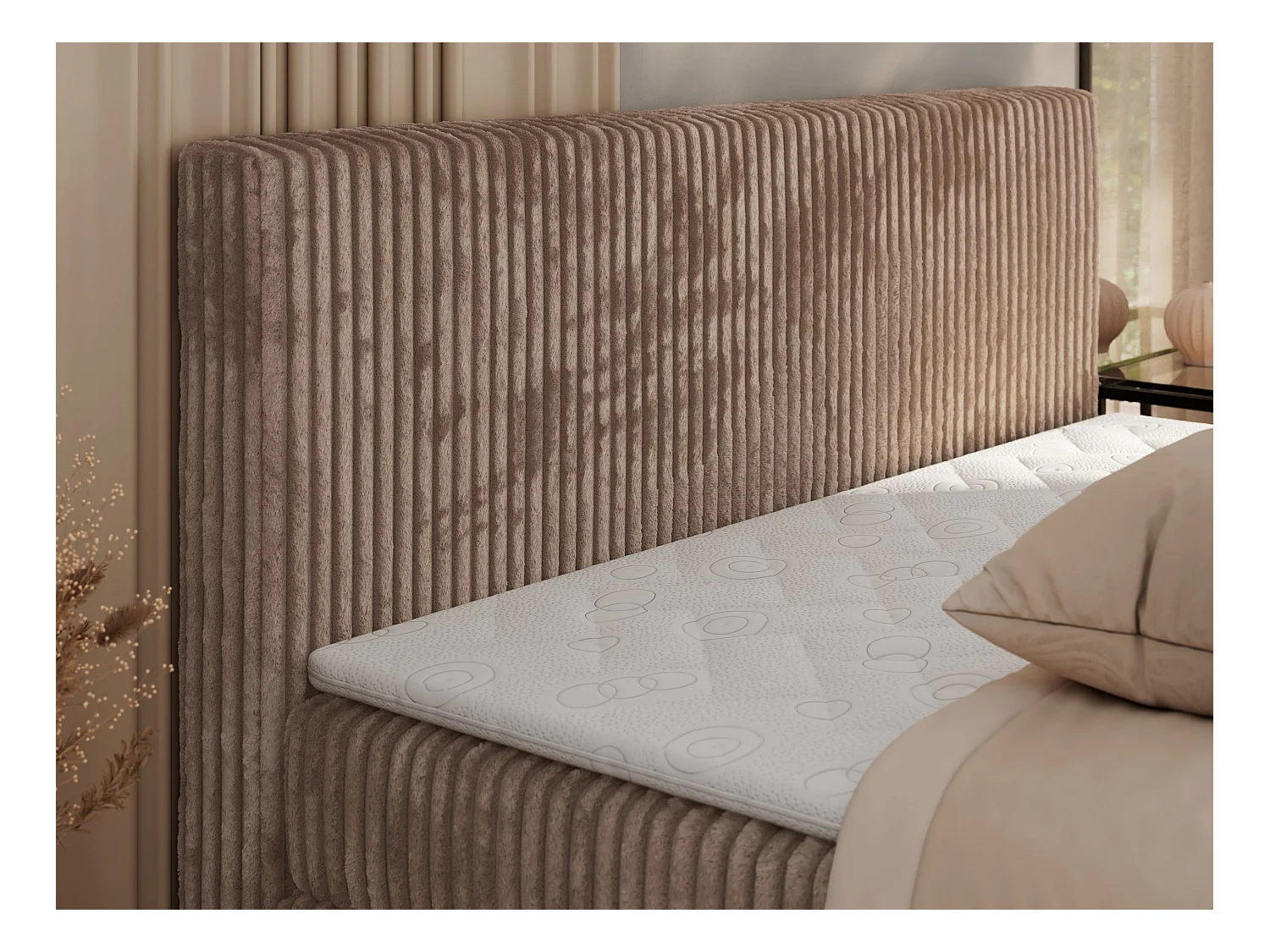 Boxspringbett TILIANO KING, Multipocket-Matratze, Cord Bett, Kopfteil und zwei Bettkästen - 160x200 cm - H4 - Braun Cord