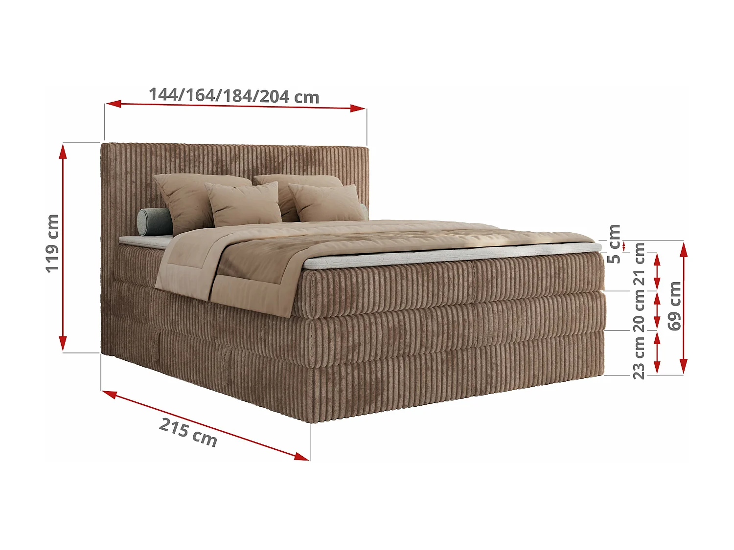 Boxspringbett TILIANO KING, Multipocket-Matratze, Cord Bett, Kopfteil und zwei Bettkästen - 160x200 cm - H4 - Braun Cord
