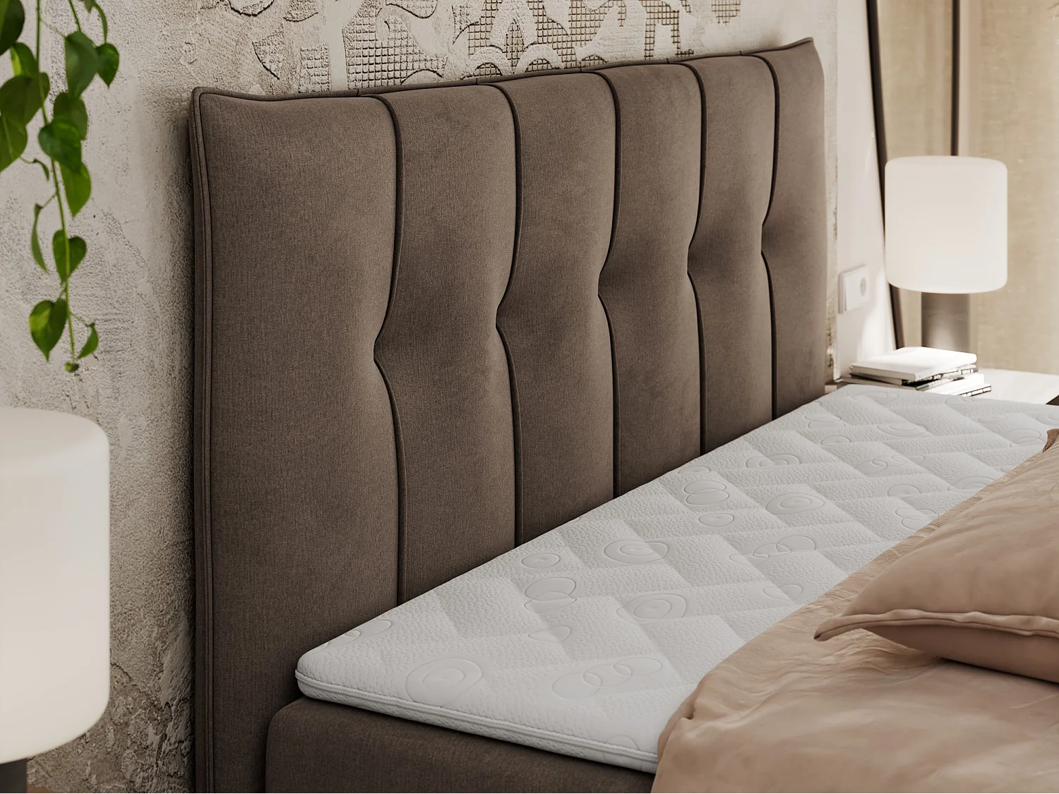 Boxspringbett PREMIUM 10 mit Multipocket-Matratze, gesteppte Kopfstütze, zwei Bettkästen - 120x200 cm - H3 - Braun Velvet