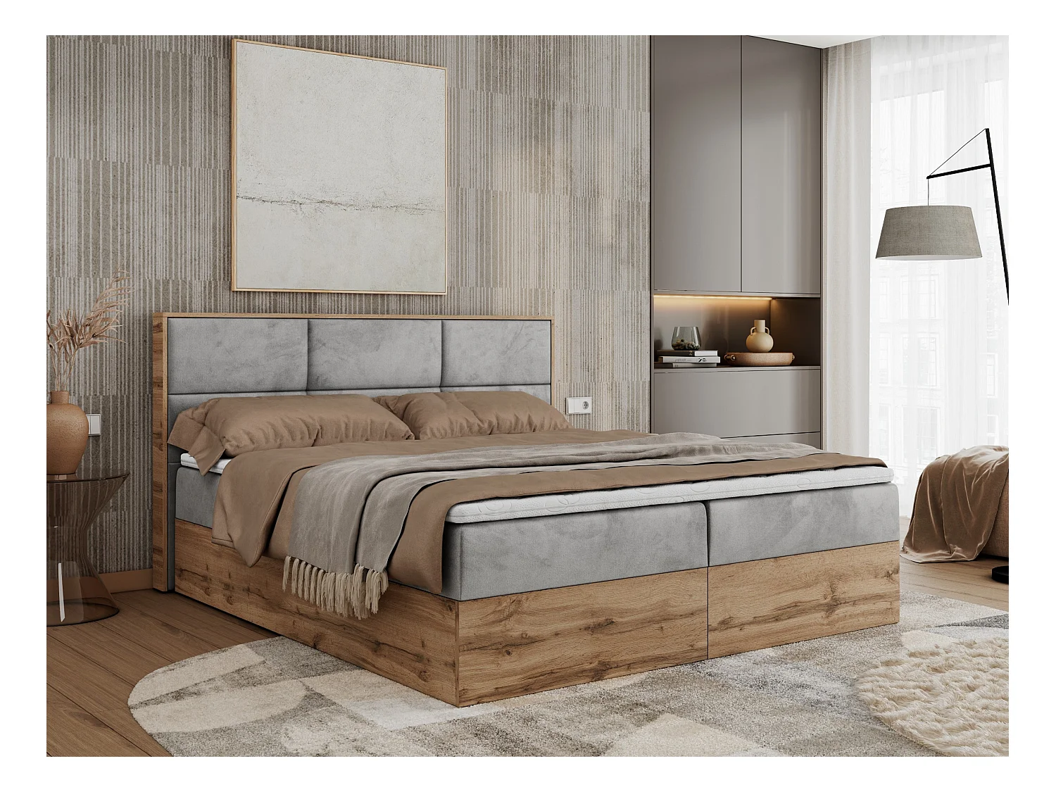 Boxspringbett ALBERO 2 mit Topper und Multipocket-Matratze, Stauraum, Holzrahmen - 200x200 cm - H4 - Hellgrau Velvet