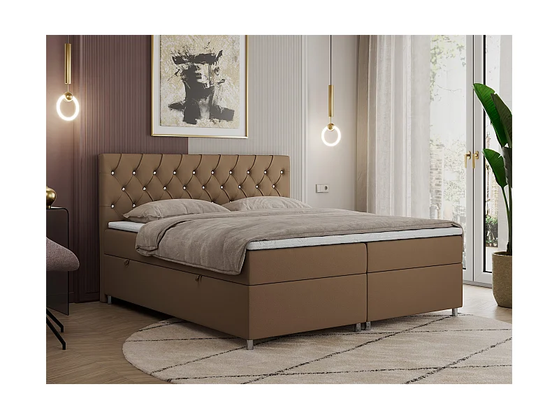 Boxspringbett ROMA mit gestepptem Kopfteil, Multipocket-Matratze, dekorative Füße - 200x200 cm - H4 - Braun Kunstleder