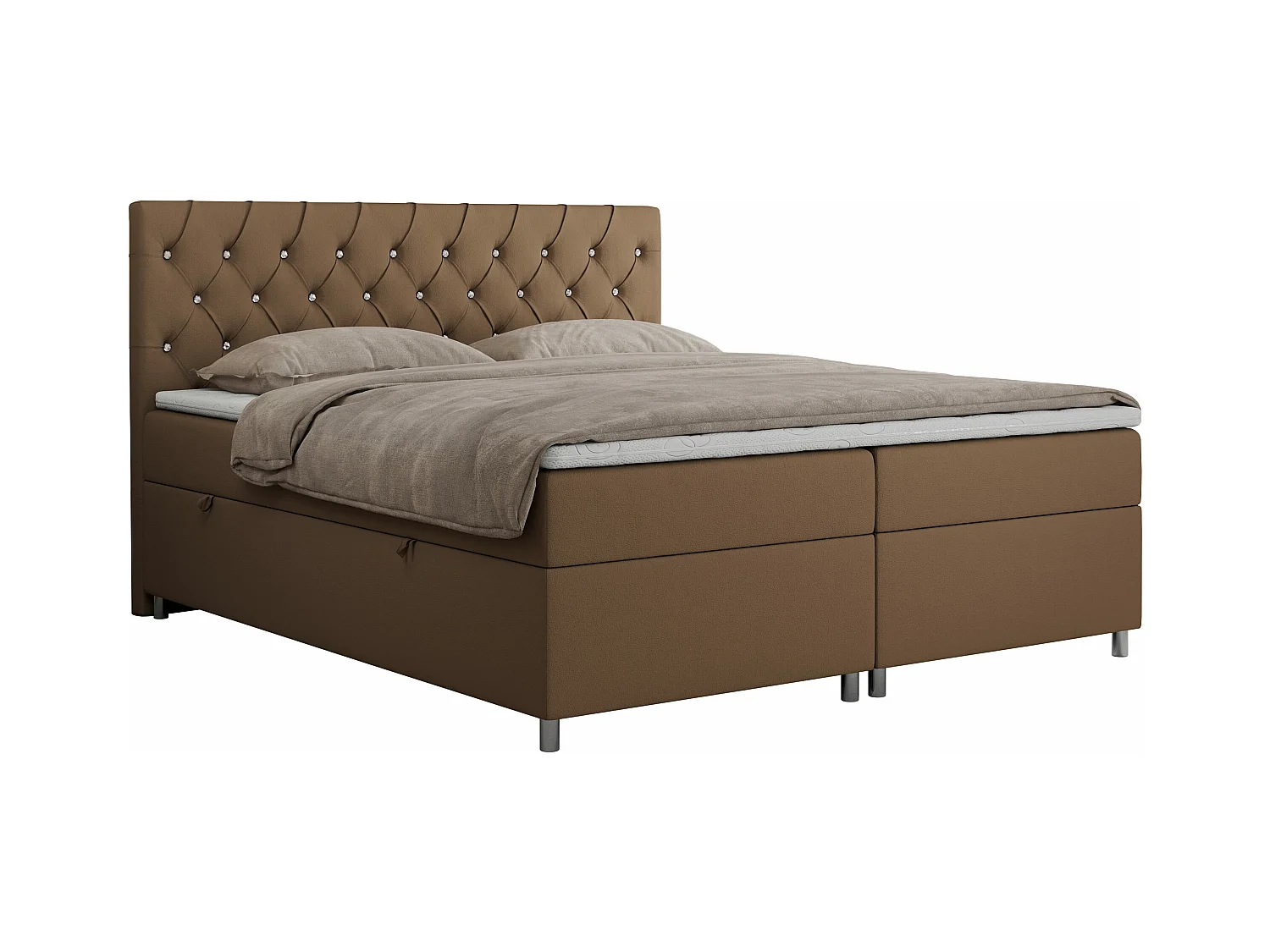 Boxspringbett ROMA mit gestepptem Kopfteil, Multipocket-Matratze, dekorative Füße - 200x200 cm - H4 - Braun Kunstleder