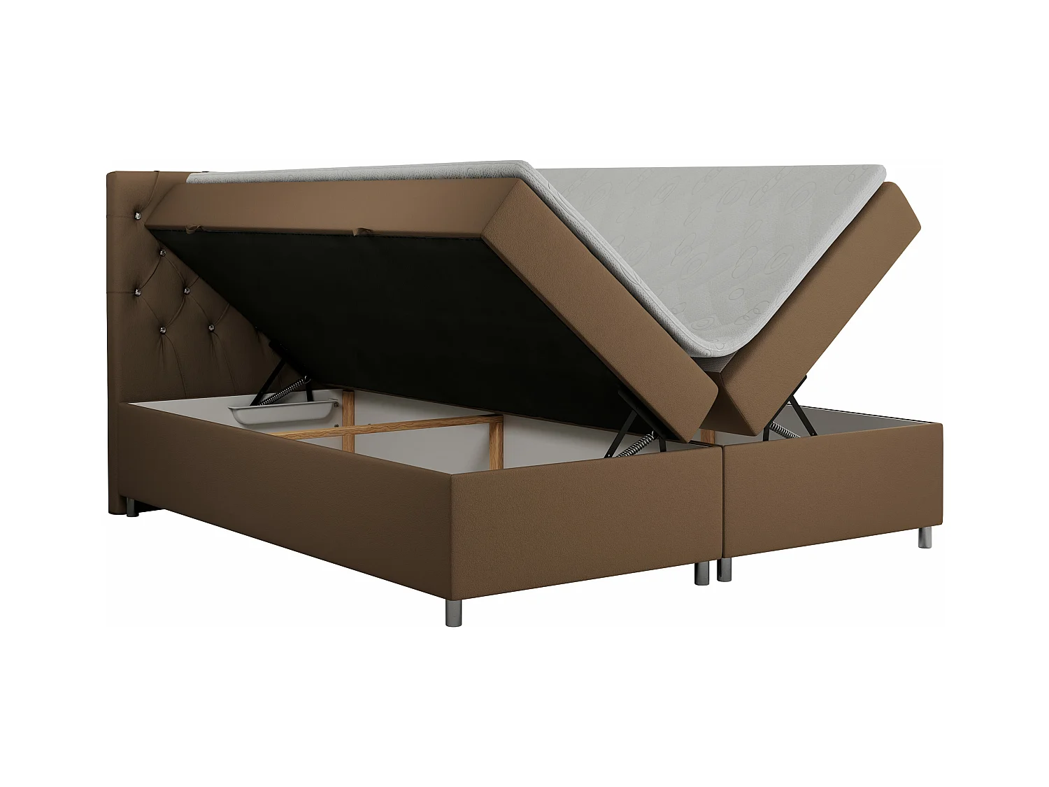 Boxspringbett ROMA mit gestepptem Kopfteil, Multipocket-Matratze, dekorative Füße - 200x200 cm - H4 - Braun Kunstleder