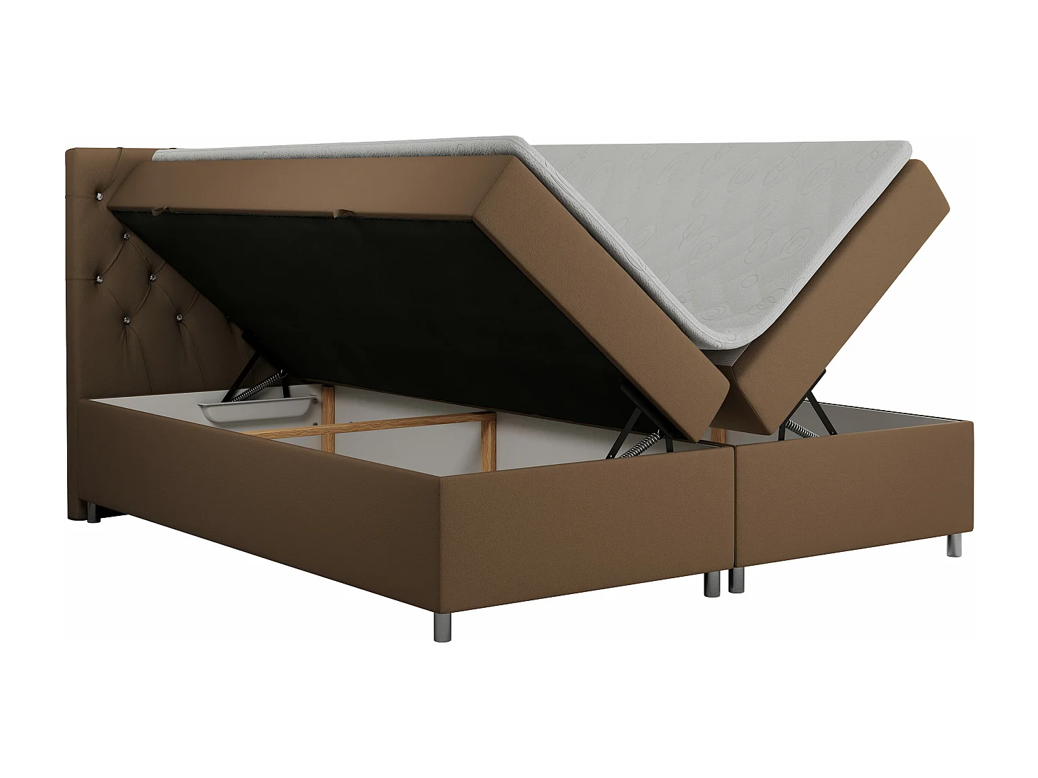 Boxspringbett ROMA mit gestepptem Kopfteil, Multipocket-Matratze, dekorative Füße - 200x200 cm - H4 - Braun Kunstleder