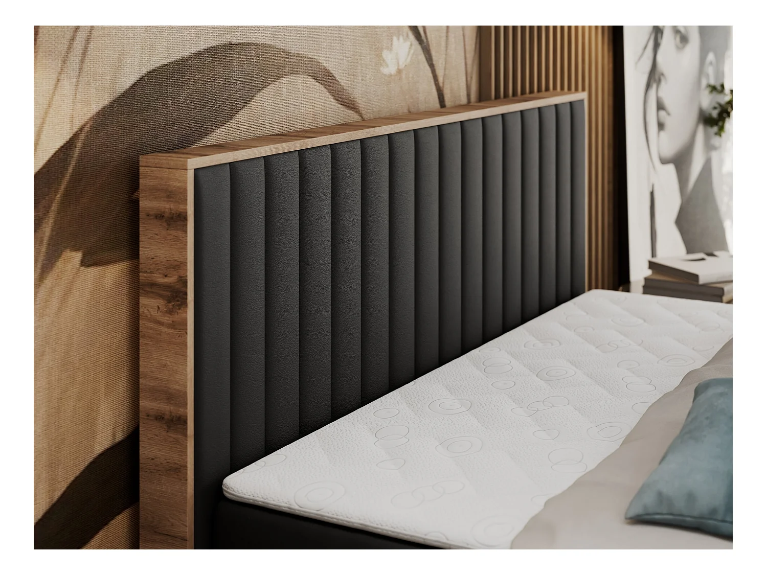 Boxspringbett ALBERO 4, Eiche Wotan Holzrahmen, mit Stauraum, genähtes Kopfteil - 140x200 cm - H4 - Schwarz Kunstleder