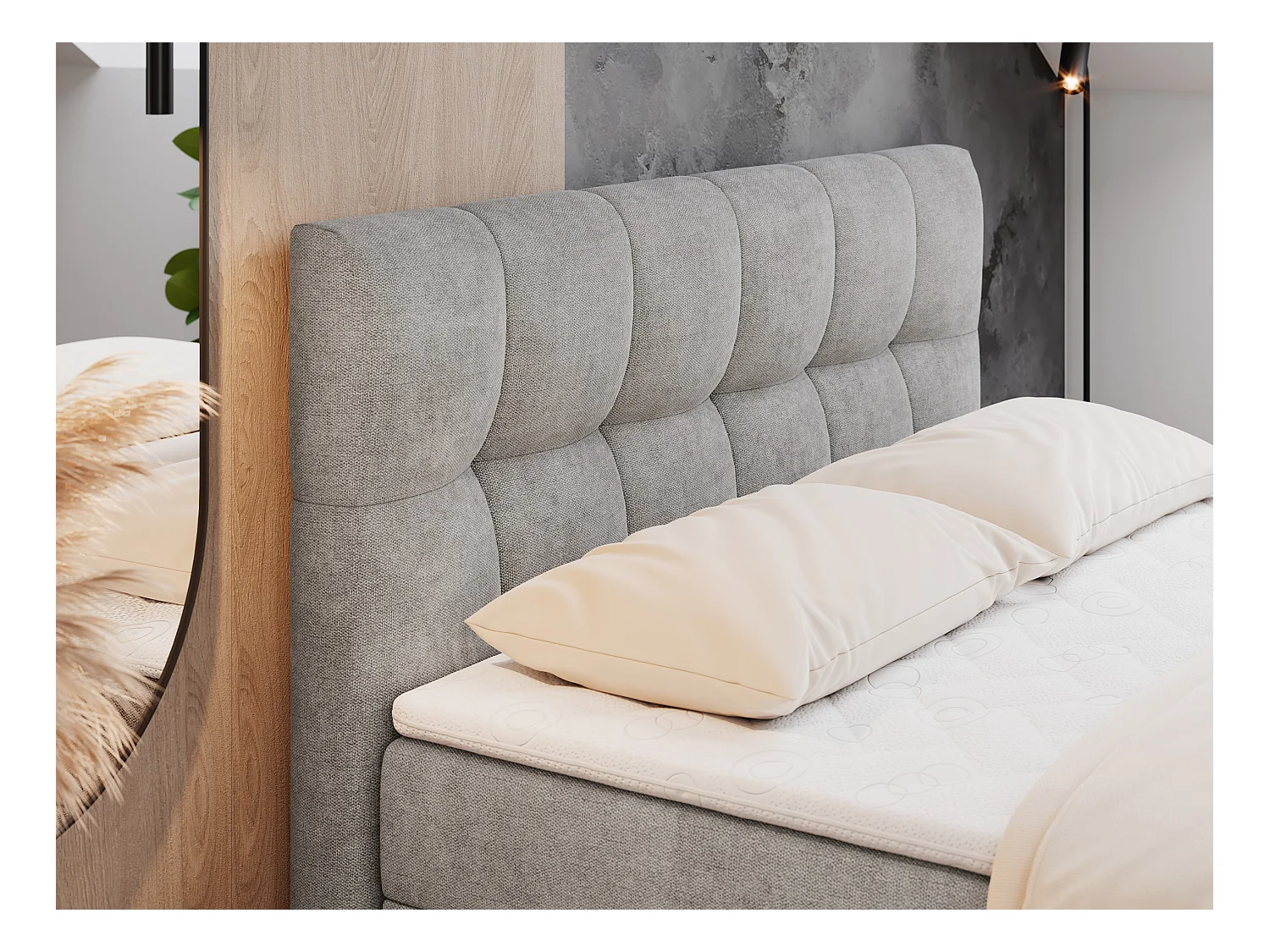 Boxspringbett RICO, Doppelbett mit Matratze, zwei Bettkästen, Bett mit Kopfteil - 180x200 cm - H4 - Hellgrau Stukture