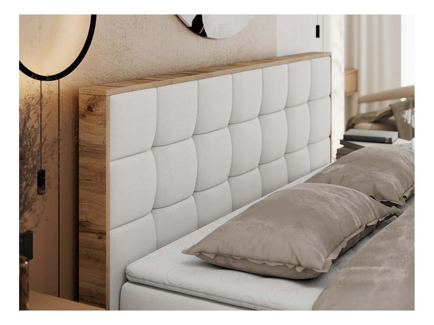 Boxspringbett ALBERO 1, Polsterbett mit gestepptem Kopfteil, Multipocket-Matratze - 160x200 cm - H4 - Weiß Kunstleder