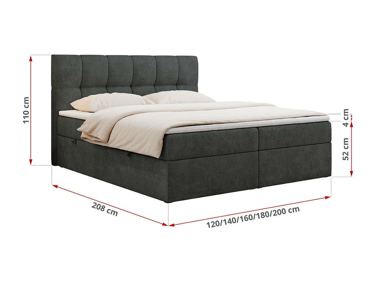 Boxspringbett RICO, Doppelbett mit Matratze, zwei Bettkästen, Bett mit Kopfteil - 160x200 cm - H4 - Dunkelgrau Stukture