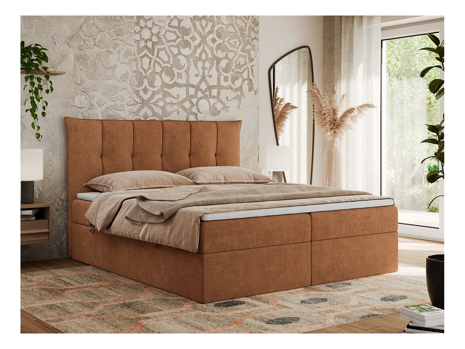 Boxspringbett PREMIUM 10 mit Multipocket-Matratze, gesteppte Kopfstütze, zwei Bettkästen - 140x200 cm - H4 - Orange Strukture