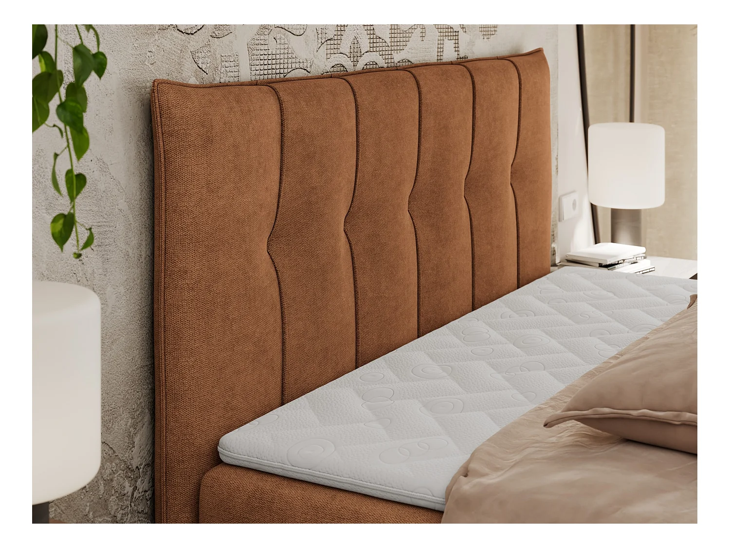 Boxspringbett PREMIUM 10 mit Multipocket-Matratze, gesteppte Kopfstütze, zwei Bettkästen - 140x200 cm - H4 - Orange Strukture