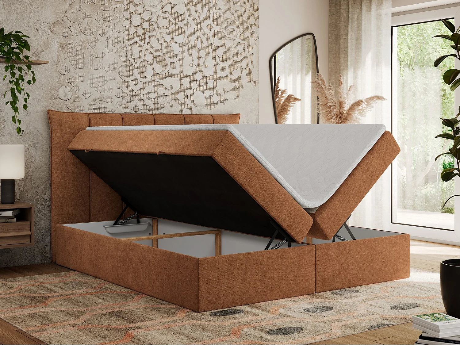 Boxspringbett PREMIUM 10 mit Multipocket-Matratze, gesteppte Kopfstütze, zwei Bettkästen - 140x200 cm - H4 - Orange Strukture