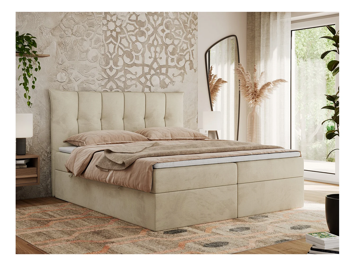 Boxspringbett PREMIUM 10 mit Multipocket-Matratze, gesteppte Kopfstütze, zwei Bettkästen - 140x200 cm - H4 - Creme Velvet
