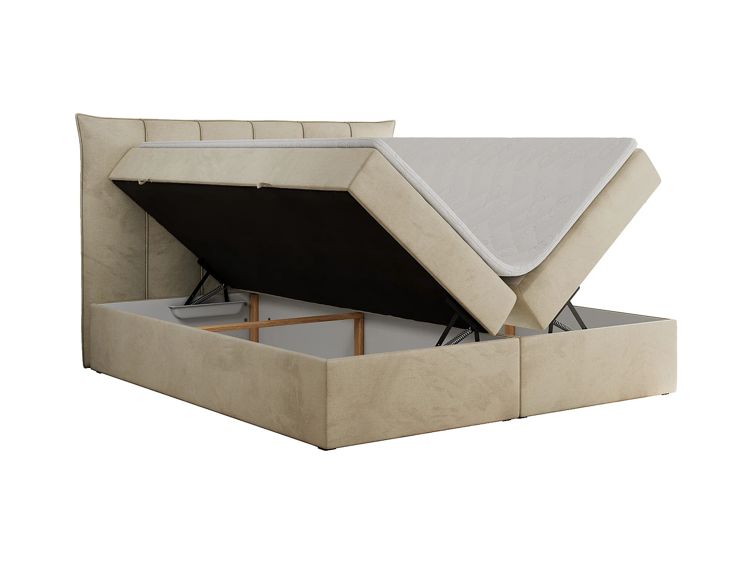 Boxspringbett PREMIUM 10 mit Multipocket-Matratze, gesteppte Kopfstütze, zwei Bettkästen - 140x200 cm - H4 - Creme Velvet