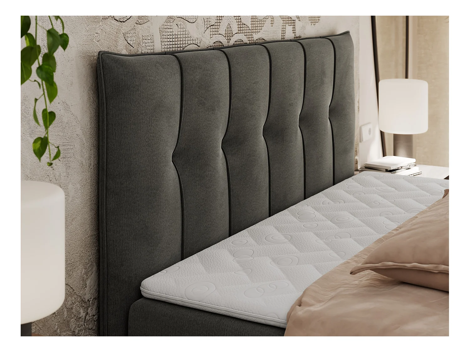 Boxspringbett PREMIUM 10 mit Multipocket-Matratze, gesteppte Kopfstütze, zwei Bettkästen - 200x200 cm - H4 - Dunkelgrau Velvet