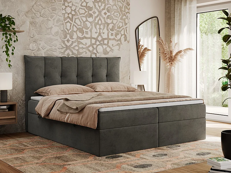 Boxspringbett PREMIUM 10 mit Multipocket-Matratze, gesteppte Kopfstütze, zwei Bettkästen - 200x200 cm - H4 - Dunkelgrau Velvet