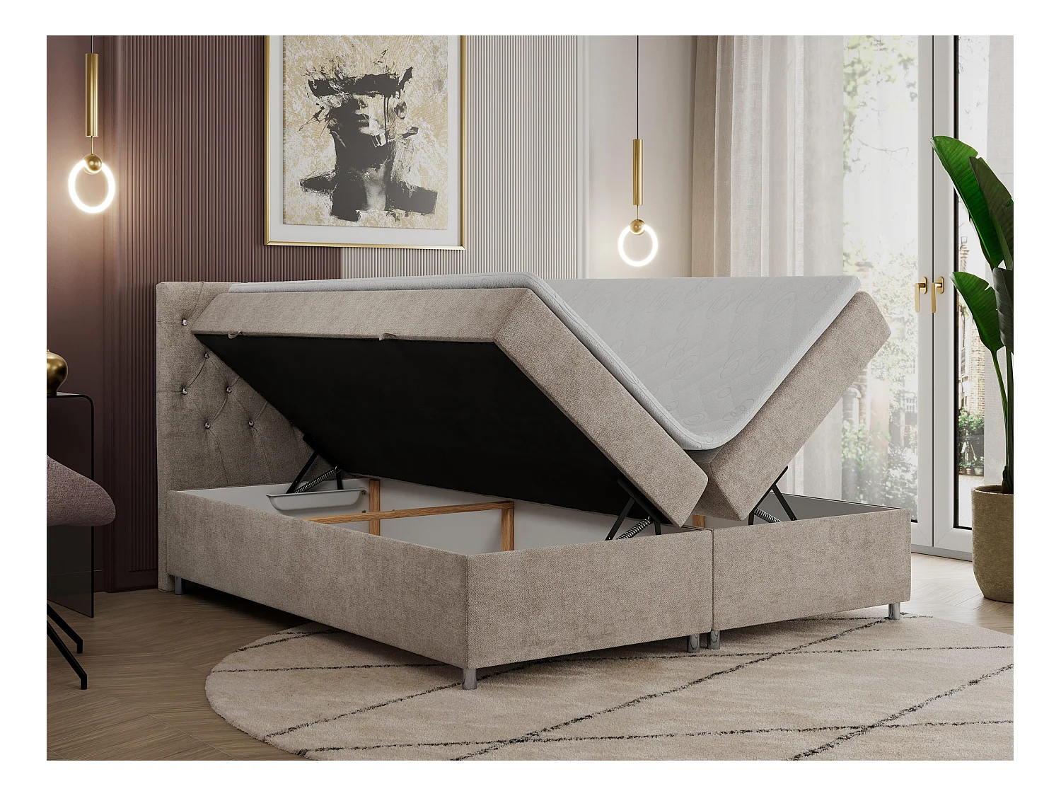 Boxspringbett ROMA mit gestepptem Kopfteil, Multipocket-Matratze, dekorative Füße - 160x200 cm - H3 - Beige Strukture