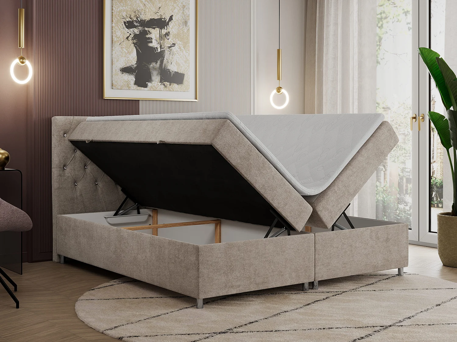 Boxspringbett ROMA mit gestepptem Kopfteil, Multipocket-Matratze, dekorative Füße - 160x200 cm - H3 - Beige Strukture