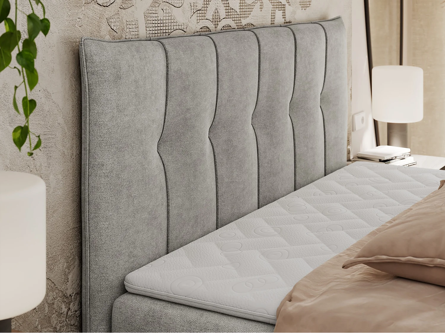 Boxspringbett PREMIUM 10 mit Multipocket-Matratze, gesteppte Kopfstütze, zwei Bettkästen - 120x200 cm - H3 - Hellgrau Strukture