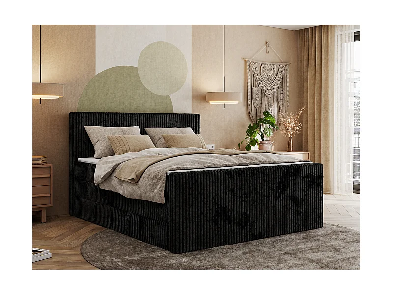 Boxspringbett TILIANO KING DUO, mit zwei Bettkästen, Cord Bett Multipocket-Matratze - 180x200 cm - H4 - Schwarz Cord