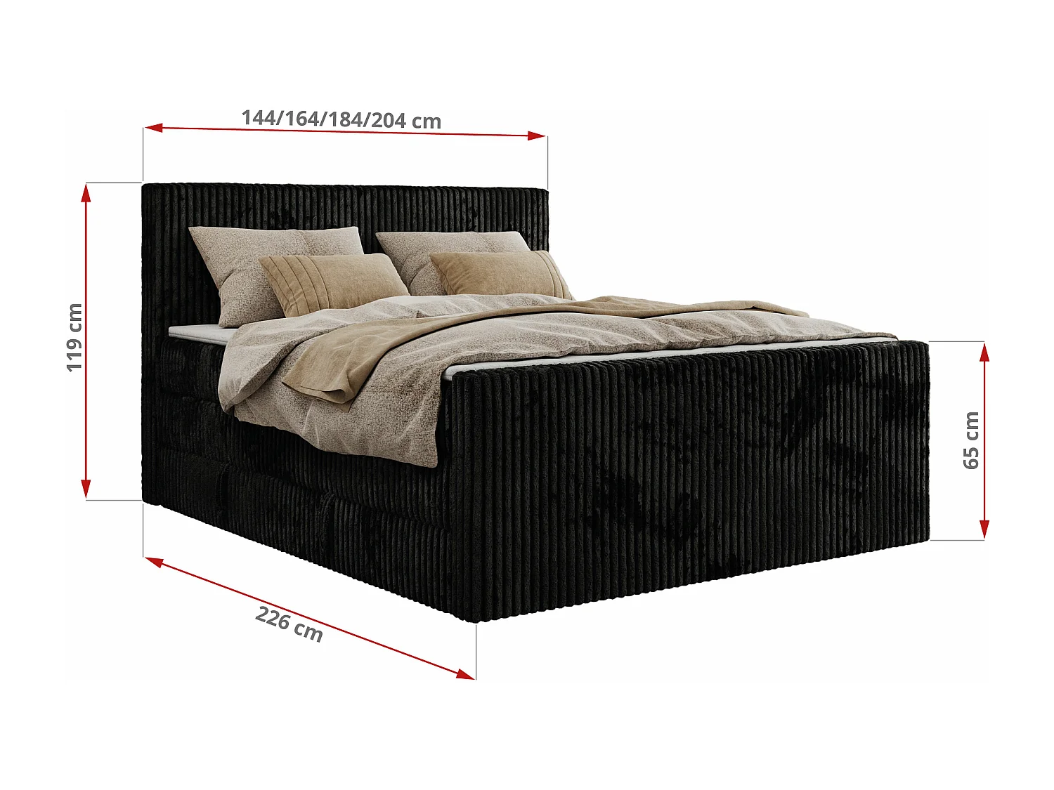 Boxspringbett TILIANO KING DUO, mit zwei Bettkästen, Cord Bett Multipocket-Matratze - 180x200 cm - H4 - Schwarz Cord