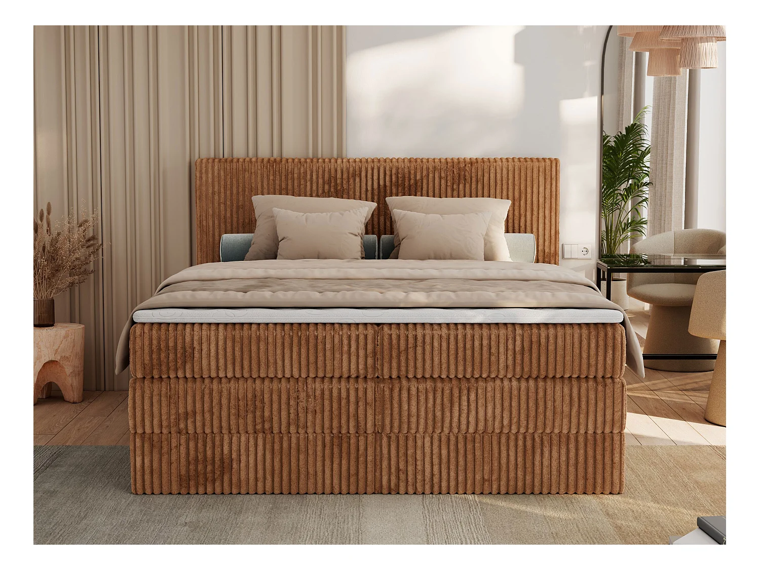 Boxspringbett TILIANO KING, Multipocket-Matratze, Cord Bett, Kopfteil und zwei Bettkästen - 140x200 cm - H4 - Orange Cord