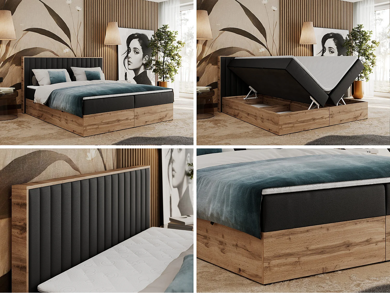 Boxspringbett ALBERO 4, Eiche Wotan Holzrahmen, mit Stauraum, genähtes Kopfteil - 160x200 cm - H3 - Schwarz Kunstleder